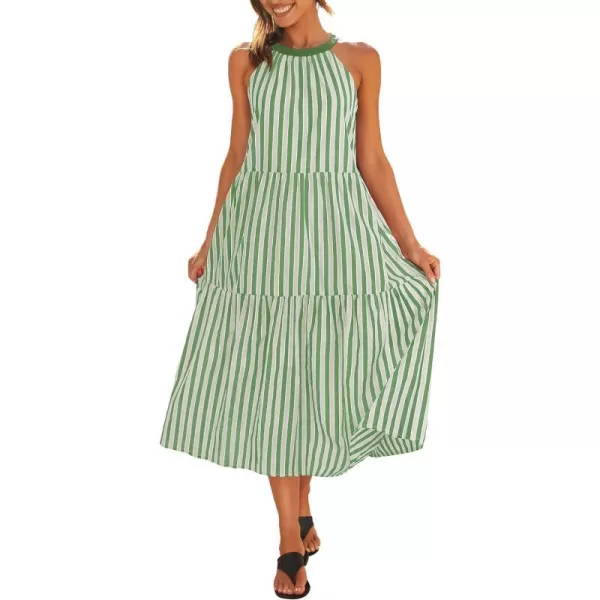 imageZESICA Womens Summer Halter Maxi Dresses 2024 Casual Boho Striped Sleeveless Tiered Flowy A Line Beach Long DressGreen