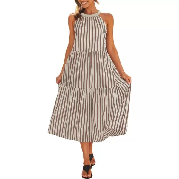 imageZESICA Womens Summer Halter Maxi Dresses 2024 Casual Boho Striped Sleeveless Tiered Flowy A Line Beach Long DressKhaki