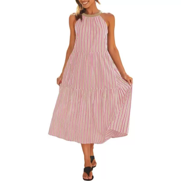 imageZESICA Womens Summer Halter Maxi Dresses 2024 Casual Boho Striped Sleeveless Tiered Flowy A Line Beach Long DressPink