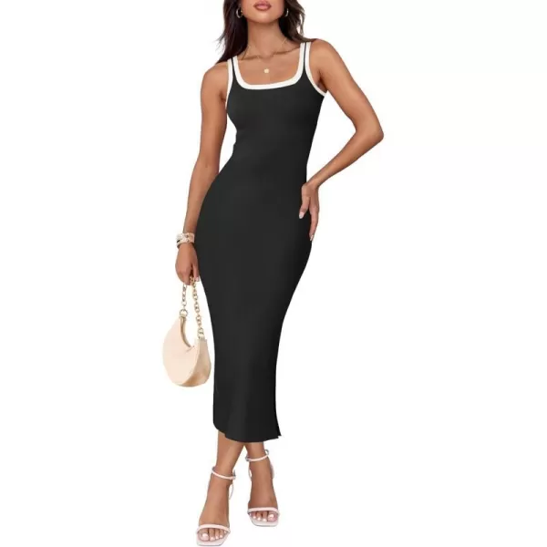 imageZESICA Womens Summer Knit Bodycon Midi Dress 2024 Casual Sleeveless Square Neck Side Slit Long Tank DressesBlack