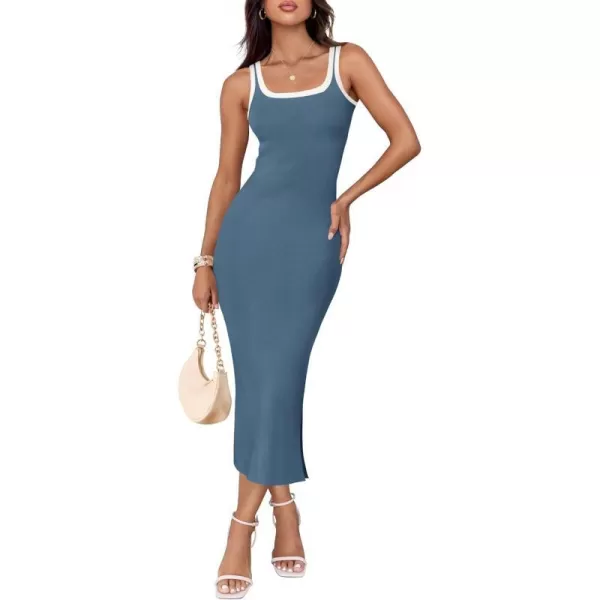 imageZESICA Womens Summer Knit Bodycon Midi Dress 2024 Casual Sleeveless Square Neck Side Slit Long Tank DressesDark Blue