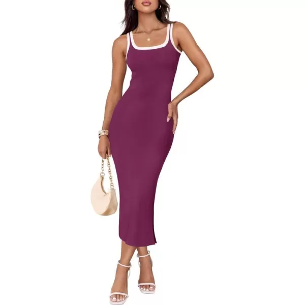 imageZESICA Womens Summer Knit Bodycon Midi Dress 2024 Casual Sleeveless Square Neck Side Slit Long Tank DressesFuchsia