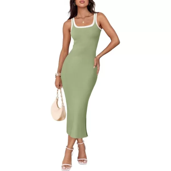 imageZESICA Womens Summer Knit Bodycon Midi Dress 2024 Casual Sleeveless Square Neck Side Slit Long Tank DressesGreen