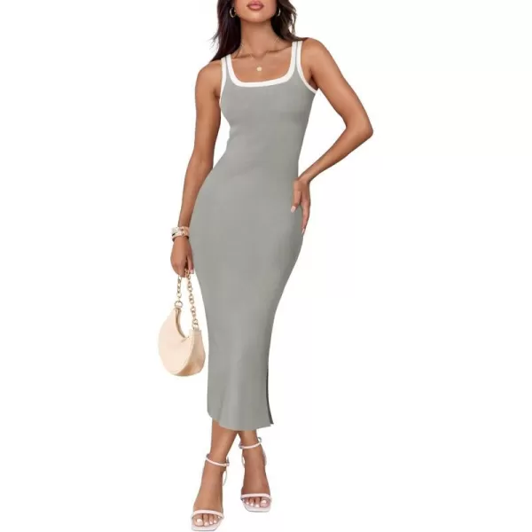 imageZESICA Womens Summer Knit Bodycon Midi Dress 2024 Casual Sleeveless Square Neck Side Slit Long Tank DressesGrey