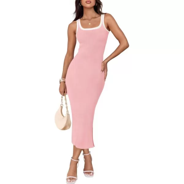 imageZESICA Womens Summer Knit Bodycon Midi Dress 2024 Casual Sleeveless Square Neck Side Slit Long Tank DressesPink