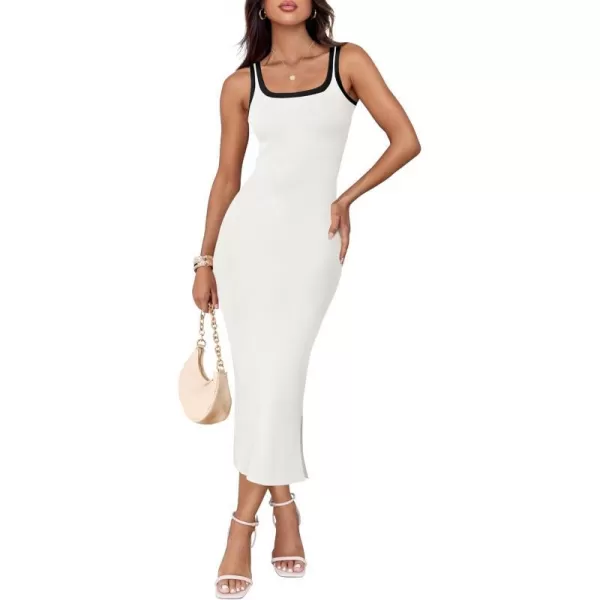 imageZESICA Womens Summer Knit Bodycon Midi Dress 2024 Casual Sleeveless Square Neck Side Slit Long Tank DressesWhite