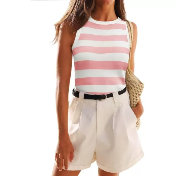 imageZESICA Womens Summer Knit Striped Tank Tops 2024 Trendy Crewneck Sleeveless ShirtsPink