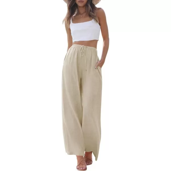 imageZESICA Womens Summer Linen Wide Leg Flowy Palazzo Pants Casual High Waisted Loose Trousers with PocketsAlmond