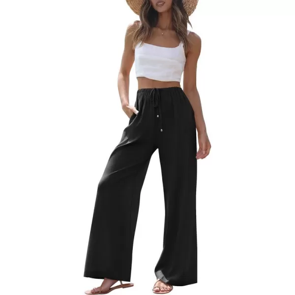 imageZESICA Womens Summer Linen Wide Leg Flowy Palazzo Pants Casual High Waisted Loose Trousers with PocketsBlack
