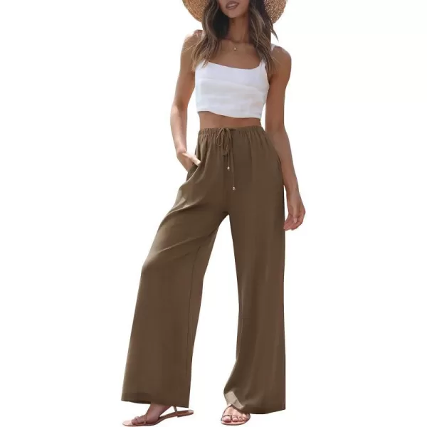 imageZESICA Womens Summer Linen Wide Leg Flowy Palazzo Pants Casual High Waisted Loose Trousers with PocketsCoffee