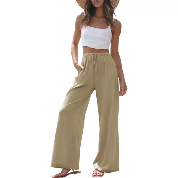 imageZESICA Womens Summer Linen Wide Leg Flowy Palazzo Pants Casual High Waisted Loose Trousers with PocketsKhaki