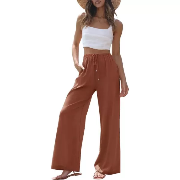 imageZESICA Womens Summer Linen Wide Leg Flowy Palazzo Pants Casual High Waisted Loose Trousers with PocketsRust