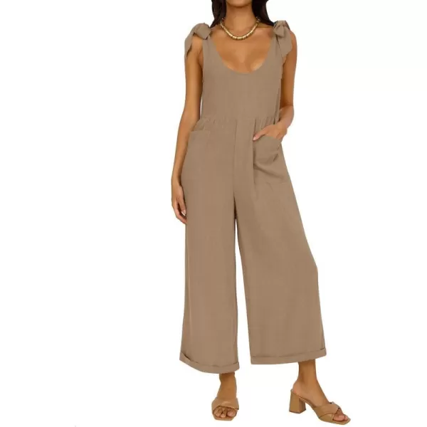 imageZESICA Womens Summer Loose Sleeveless Jumpsuits Linen Adjustable Straps Oversized Wide Leg Long Overall Rompers with PocketsKhaki