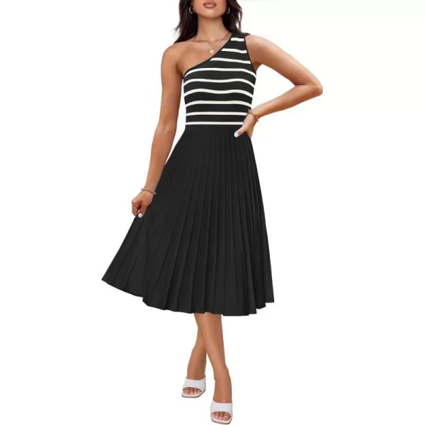 imageZESICA Womens Summer One Shoulder Midi Dresses 2024 Spring Striped Sleeveless Knit Pleated A Line Flowy Long DressBlack