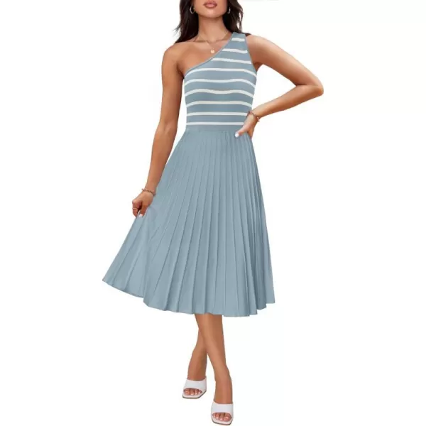 imageZESICA Womens Summer One Shoulder Midi Dresses 2024 Spring Striped Sleeveless Knit Pleated A Line Flowy Long DressBlue