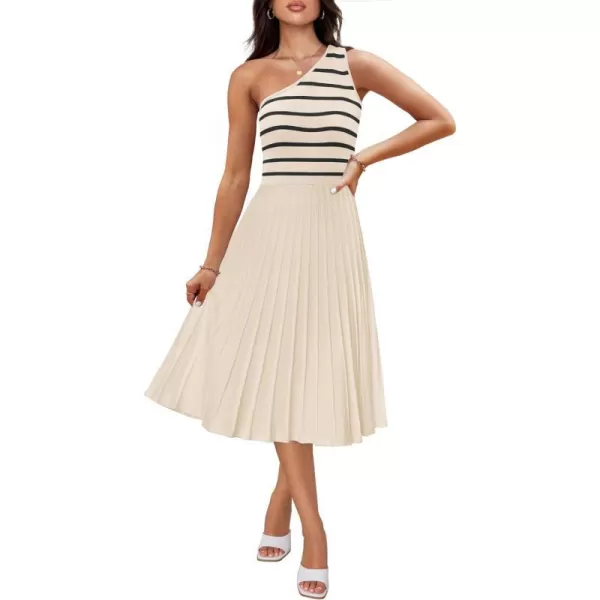 imageZESICA Womens Summer One Shoulder Midi Dresses 2024 Spring Striped Sleeveless Knit Pleated A Line Flowy Long DressCream