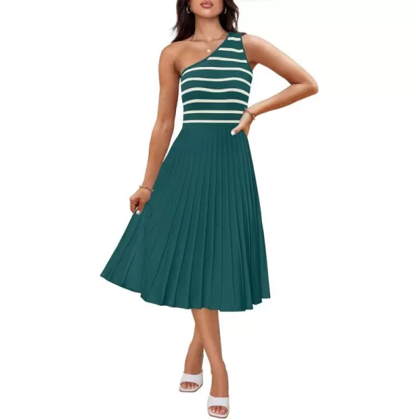 imageZESICA Womens Summer One Shoulder Midi Dresses 2024 Spring Striped Sleeveless Knit Pleated A Line Flowy Long DressGreen