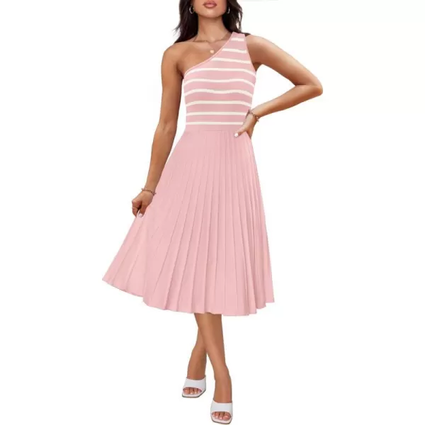 imageZESICA Womens Summer One Shoulder Midi Dresses 2024 Spring Striped Sleeveless Knit Pleated A Line Flowy Long DressLightpink