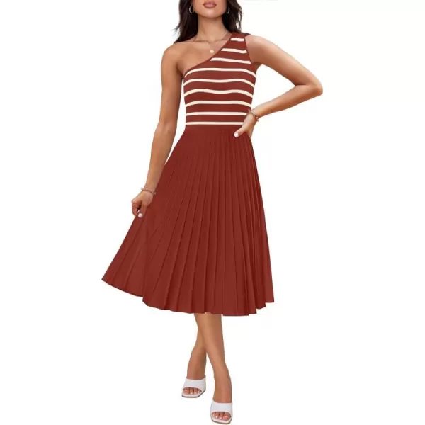 imageZESICA Womens Summer One Shoulder Midi Dresses 2024 Spring Striped Sleeveless Knit Pleated A Line Flowy Long DressVermilion