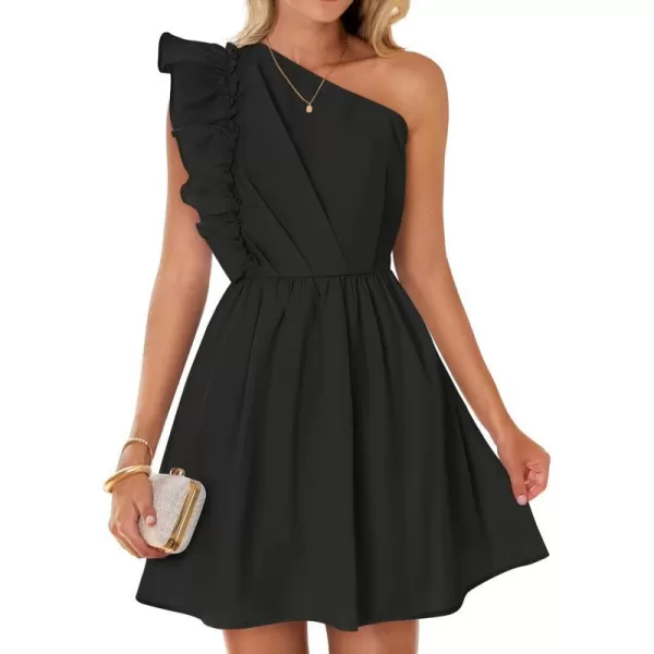 imageZESICA Womens Summer One Shoulder Ruffle Dress 2024 Boho Sleeveless Elastic High Waist Swing Mini DressesBlack