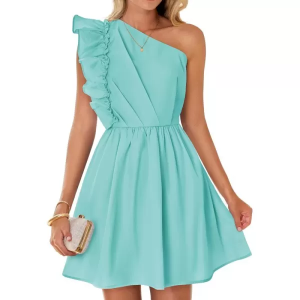 imageZESICA Womens Summer One Shoulder Ruffle Dress 2024 Boho Sleeveless Elastic High Waist Swing Mini DressesGreen