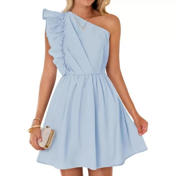 imageZESICA Womens Summer One Shoulder Ruffle Dress 2024 Boho Sleeveless Elastic High Waist Swing Mini DressesLight Blue