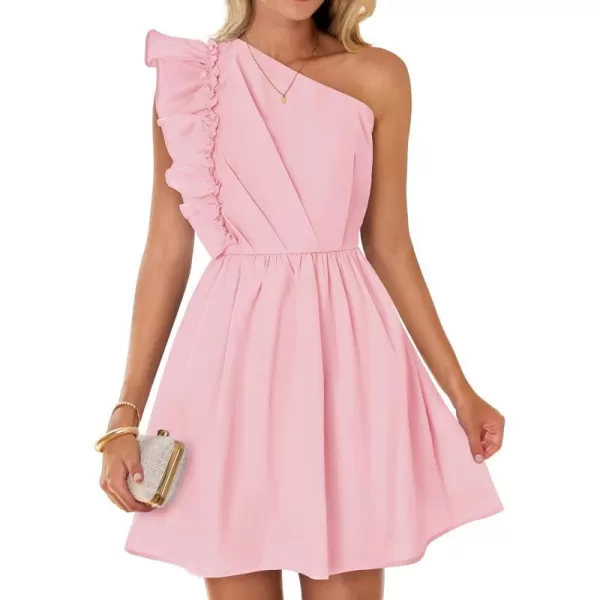 imageZESICA Womens Summer One Shoulder Ruffle Dress 2024 Boho Sleeveless Elastic High Waist Swing Mini DressesPink