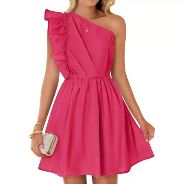 imageZESICA Womens Summer One Shoulder Ruffle Dress 2024 Boho Sleeveless Elastic High Waist Swing Mini DressesRose