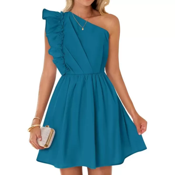 imageZESICA Womens Summer One Shoulder Ruffle Dress 2024 Boho Sleeveless Elastic High Waist Swing Mini DressesTeal Blue