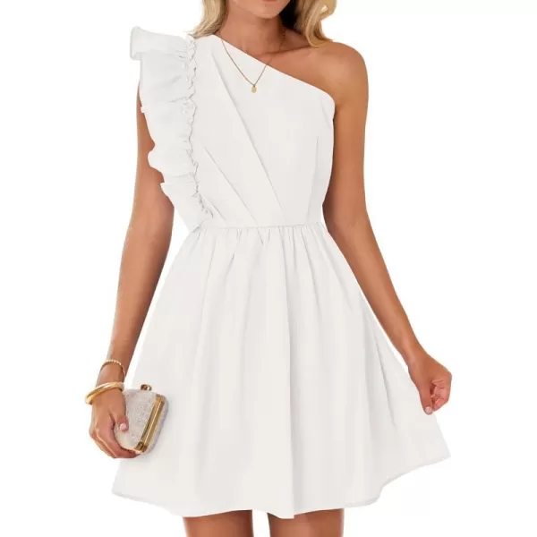 imageZESICA Womens Summer One Shoulder Ruffle Dress 2024 Boho Sleeveless Elastic High Waist Swing Mini DressesWhite