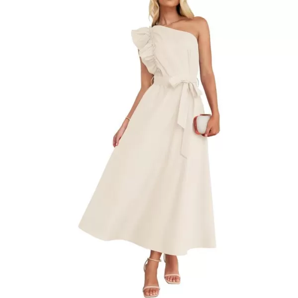 imageZESICA Womens Summer One Shoulder Ruffle Dress 2024 Sleeveless Empire Waist Boho Flowy Beach Maxi DressesApricot