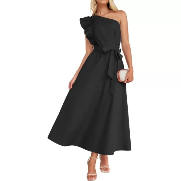 imageZESICA Womens Summer One Shoulder Ruffle Dress 2024 Sleeveless Empire Waist Boho Flowy Beach Maxi DressesBlack
