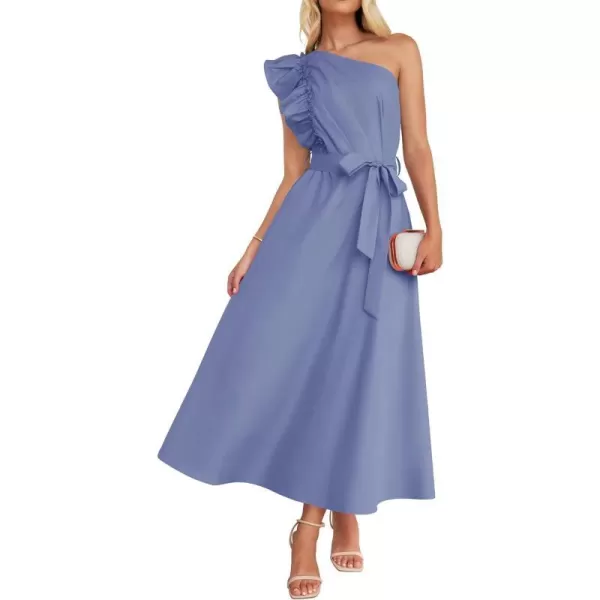imageZESICA Womens Summer One Shoulder Ruffle Dress 2024 Sleeveless Empire Waist Boho Flowy Beach Maxi DressesDustyblue