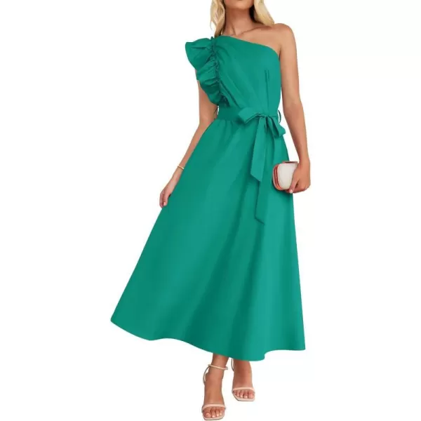 imageZESICA Womens Summer One Shoulder Ruffle Dress 2024 Sleeveless Empire Waist Boho Flowy Beach Maxi DressesGreen