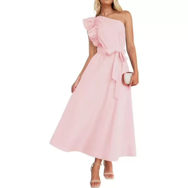 imageZESICA Womens Summer One Shoulder Ruffle Dress 2024 Sleeveless Empire Waist Boho Flowy Beach Maxi DressesPink