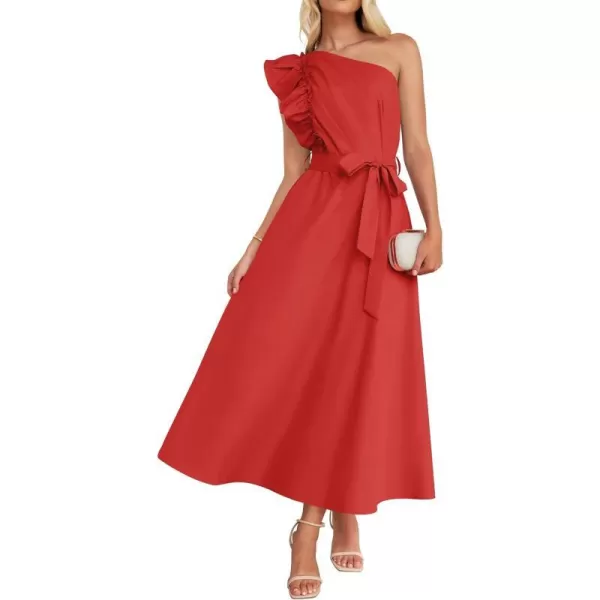 imageZESICA Womens Summer One Shoulder Ruffle Dress 2024 Sleeveless Empire Waist Boho Flowy Beach Maxi DressesWatermelonred