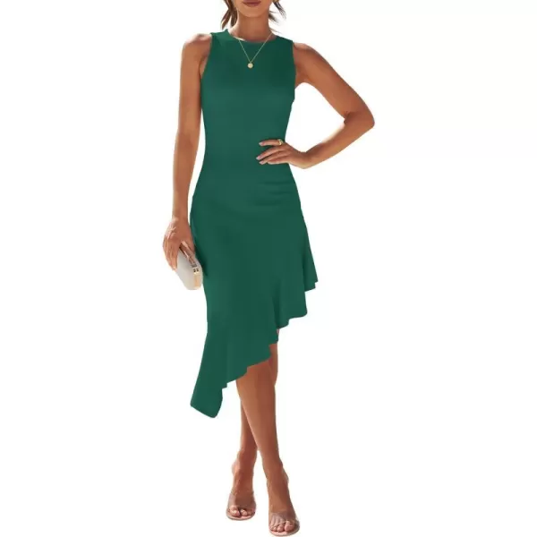 imageZESICA Womens Summer Sleeveless Bodycon Midi Dress Crewneck Ruffle Irregular Hem Ribbed Knit Cocktail Party DressesDark Green