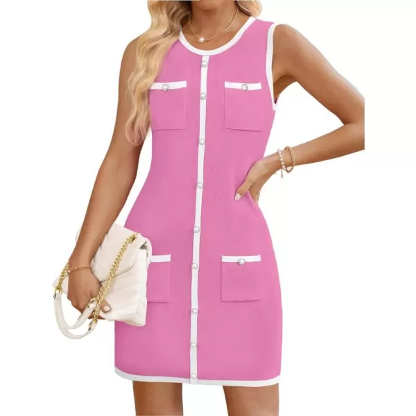 imageZESICA Womens Summer Sleeveless Mini Dress Crewneck Button Kint Color Block Bodycon Party Short Dresses with PocketsPink
