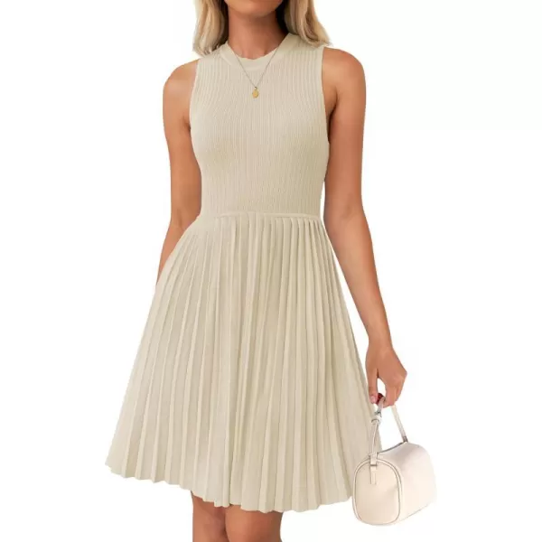 imageZESICA Womens Summer Sleeveless Mini Dresses 2024 Crewneck Knit A Line Pleated Swing Basic Short DressAlmond