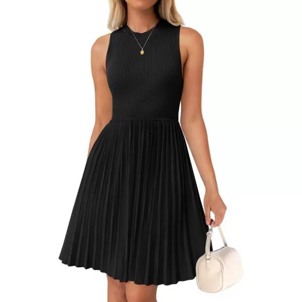 imageZESICA Womens Summer Sleeveless Mini Dresses 2024 Crewneck Knit A Line Pleated Swing Basic Short DressBlack