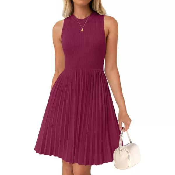 imageZESICA Womens Summer Sleeveless Mini Dresses 2024 Crewneck Knit A Line Pleated Swing Basic Short DressEggplant
