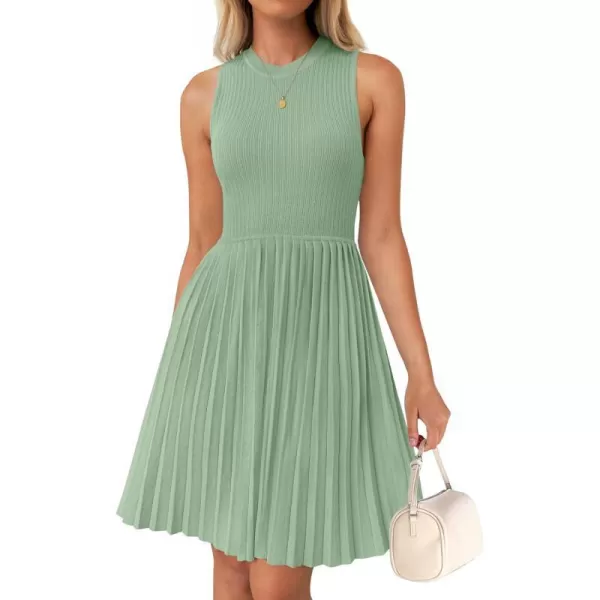 imageZESICA Womens Summer Sleeveless Mini Dresses 2024 Crewneck Knit A Line Pleated Swing Basic Short DressLightgreen