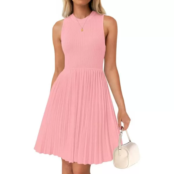 imageZESICA Womens Summer Sleeveless Mini Dresses 2024 Crewneck Knit A Line Pleated Swing Basic Short DressPink