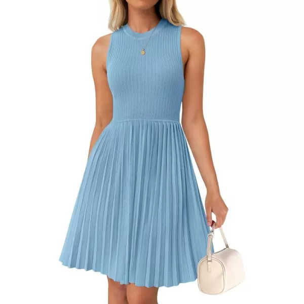 imageZESICA Womens Summer Sleeveless Mini Dresses 2024 Crewneck Knit A Line Pleated Swing Basic Short DressSky
