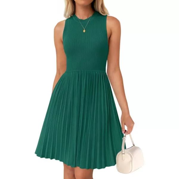 imageZESICA Womens Summer Sleeveless Mini Dresses 2024 Crewneck Knit A Line Pleated Swing Basic Short DressTeal