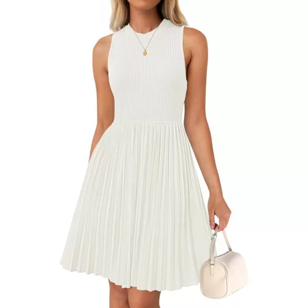 imageZESICA Womens Summer Sleeveless Mini Dresses 2024 Crewneck Knit A Line Pleated Swing Basic Short DressWhite