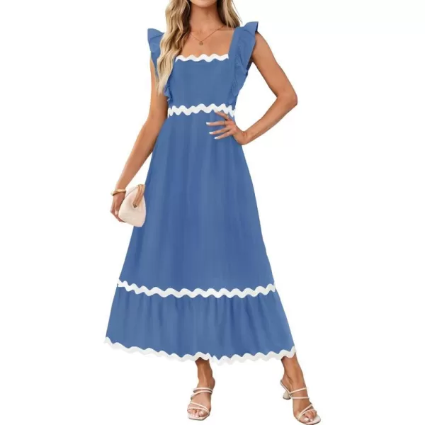 imageZESICA Womens Summer Sleeveless Ruffle Dresses 2024 Square Neck Backless Boho Flowy Maxi Sundress with PocketsBlue