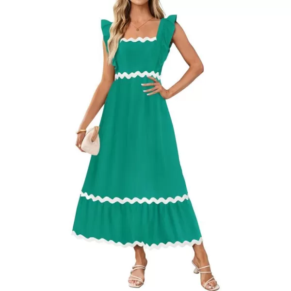 imageZESICA Womens Summer Sleeveless Ruffle Dresses 2024 Square Neck Backless Boho Flowy Maxi Sundress with PocketsGreen