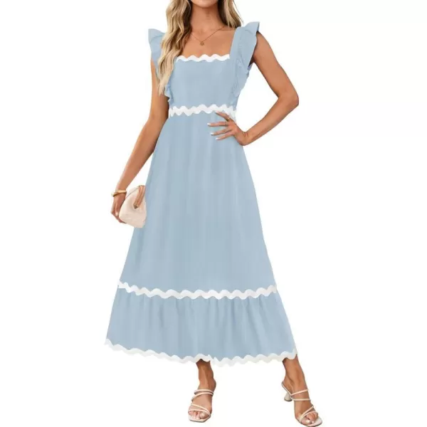 imageZESICA Womens Summer Sleeveless Ruffle Dresses 2024 Square Neck Backless Boho Flowy Maxi Sundress with PocketsLight Blue