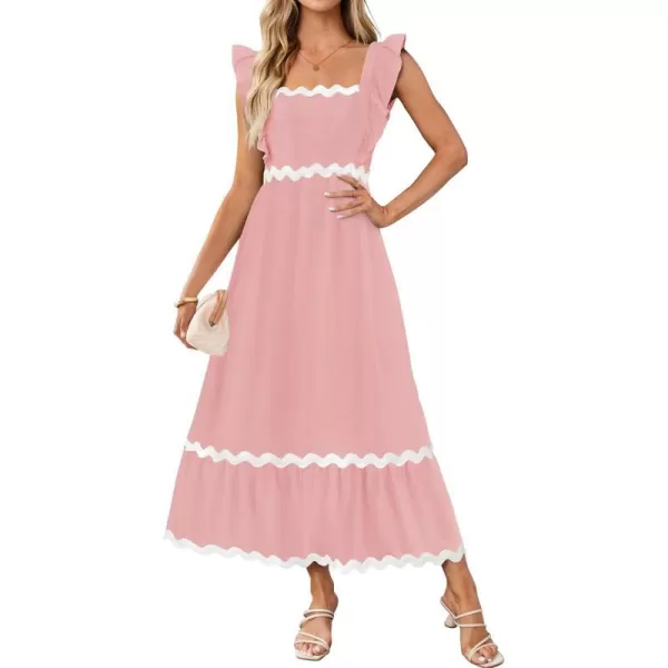 imageZESICA Womens Summer Sleeveless Ruffle Dresses 2024 Square Neck Backless Boho Flowy Maxi Sundress with PocketsLight Pink